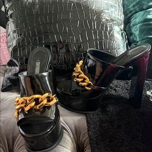 Versace Glossy Black Mules with Gold Chain